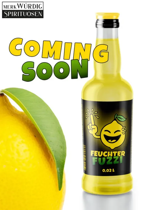 Teaser „Coming soon“ mit Feuchter-Fuzzi-Fläschchen und Zitrone
