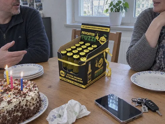Partypack mit gelber Schleife neben einer Geburtstagstorte, Gäste im Hintergrund