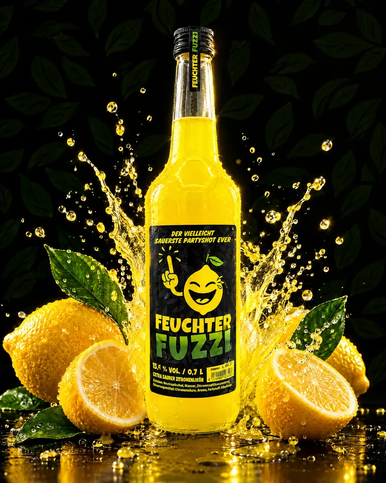 Feuchter-Fuzzi-Flasche 0,7 l mit gelbem Zitronenlikör zwischen aufgeschnittenen Zitronen und Saftspritzern