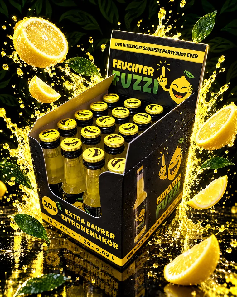 Aufsteller mit 20 Feuchter-Fuzzi-Fläschchen zwischen spritzendem Zitronensaft und Zitronenhälften