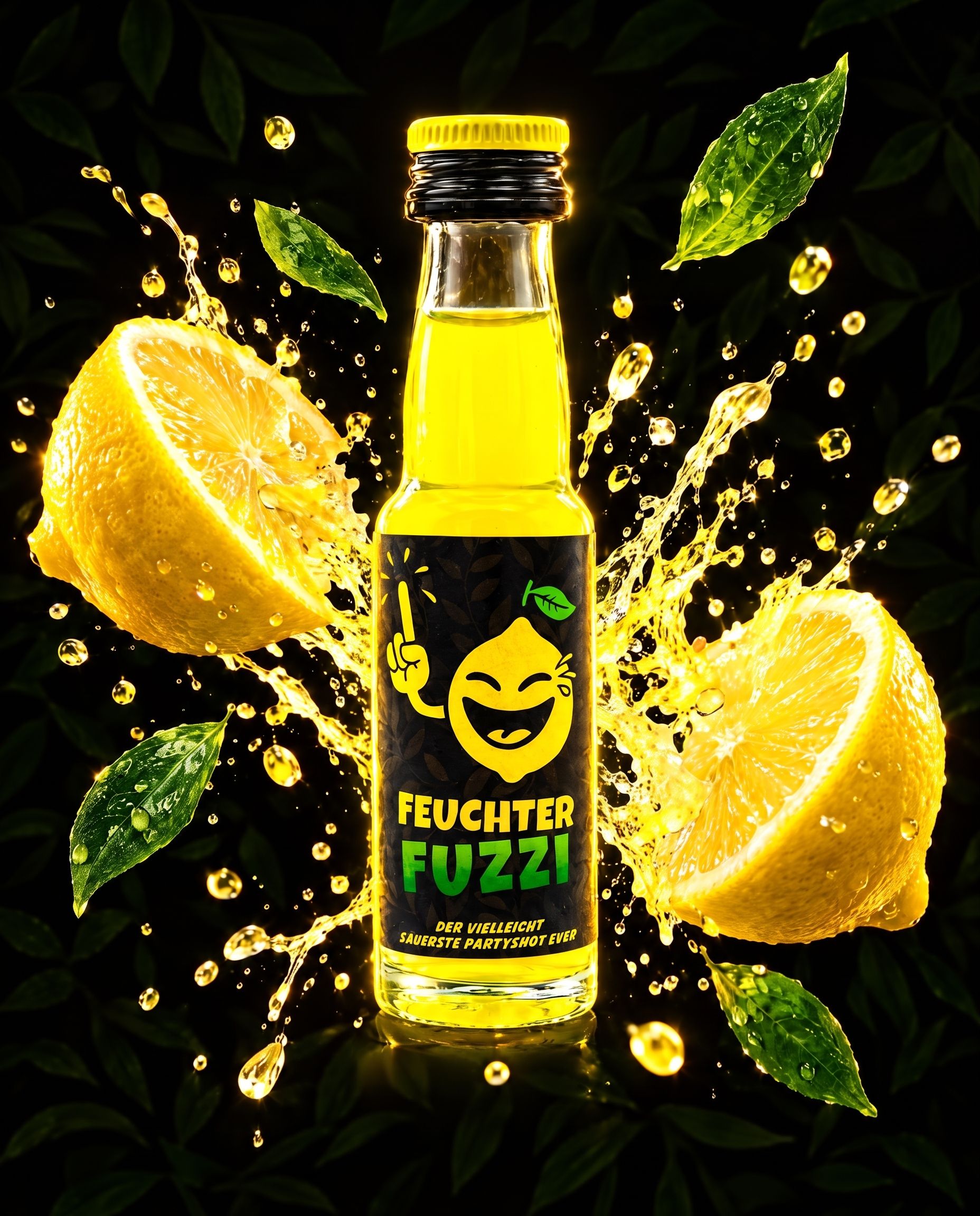 Feuchter Fuzzi Shot-Fläschchen zwischen spritzendem Zitronensaft