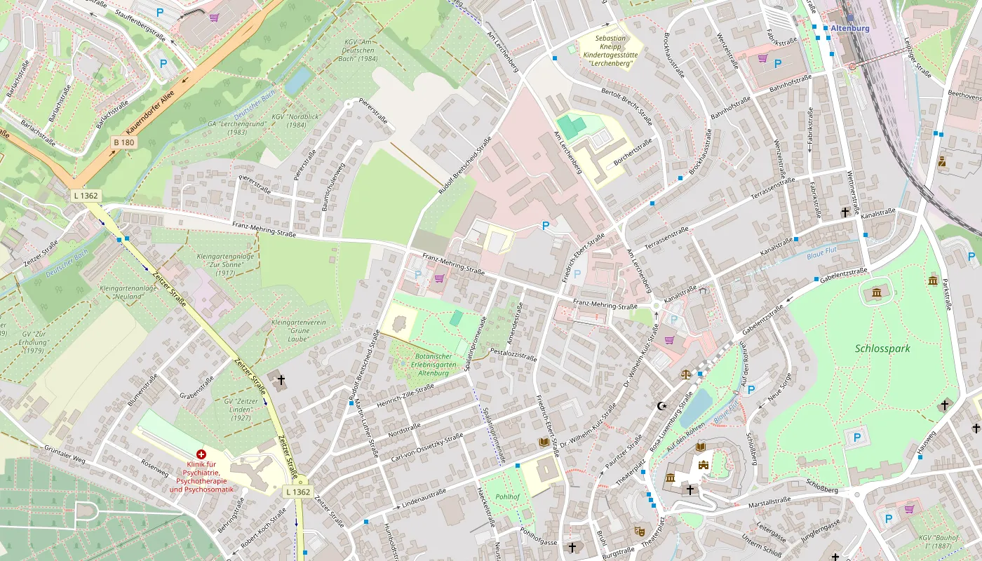 Stadtplan von Altenburg; der Zitronen-Marker zeigt das Lager in der Franz-Mehring-Straße 20