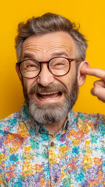 Lachender Mann mit einem Finger im Ohr, das Gesicht verzogen