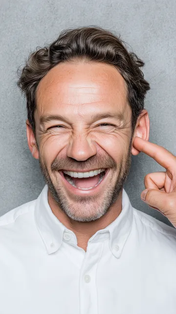 Lachender Mann mit einem Finger im Ohr, das Gesicht verzogen