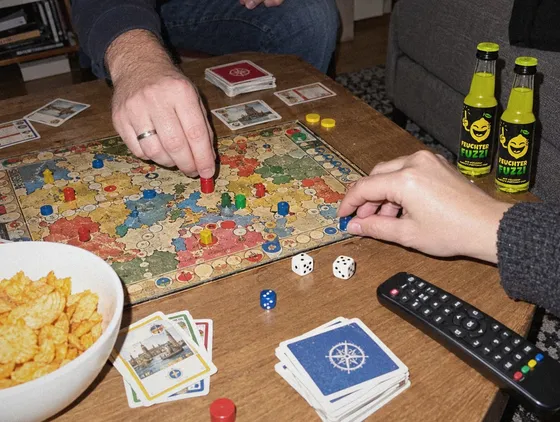 Brettspiel auf einem Holztisch, daneben zwei Feuchter-Fuzzi-Fläschchen